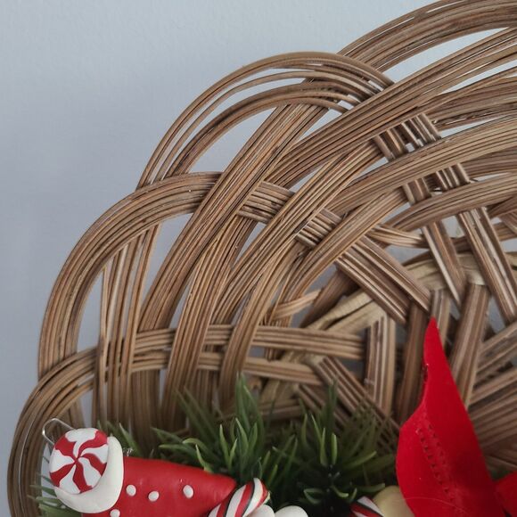 Vintage Wicker Christmas Wreath Wall Hanging With Clay Santa + Greenery + Ribbon - Picture 7 of 10